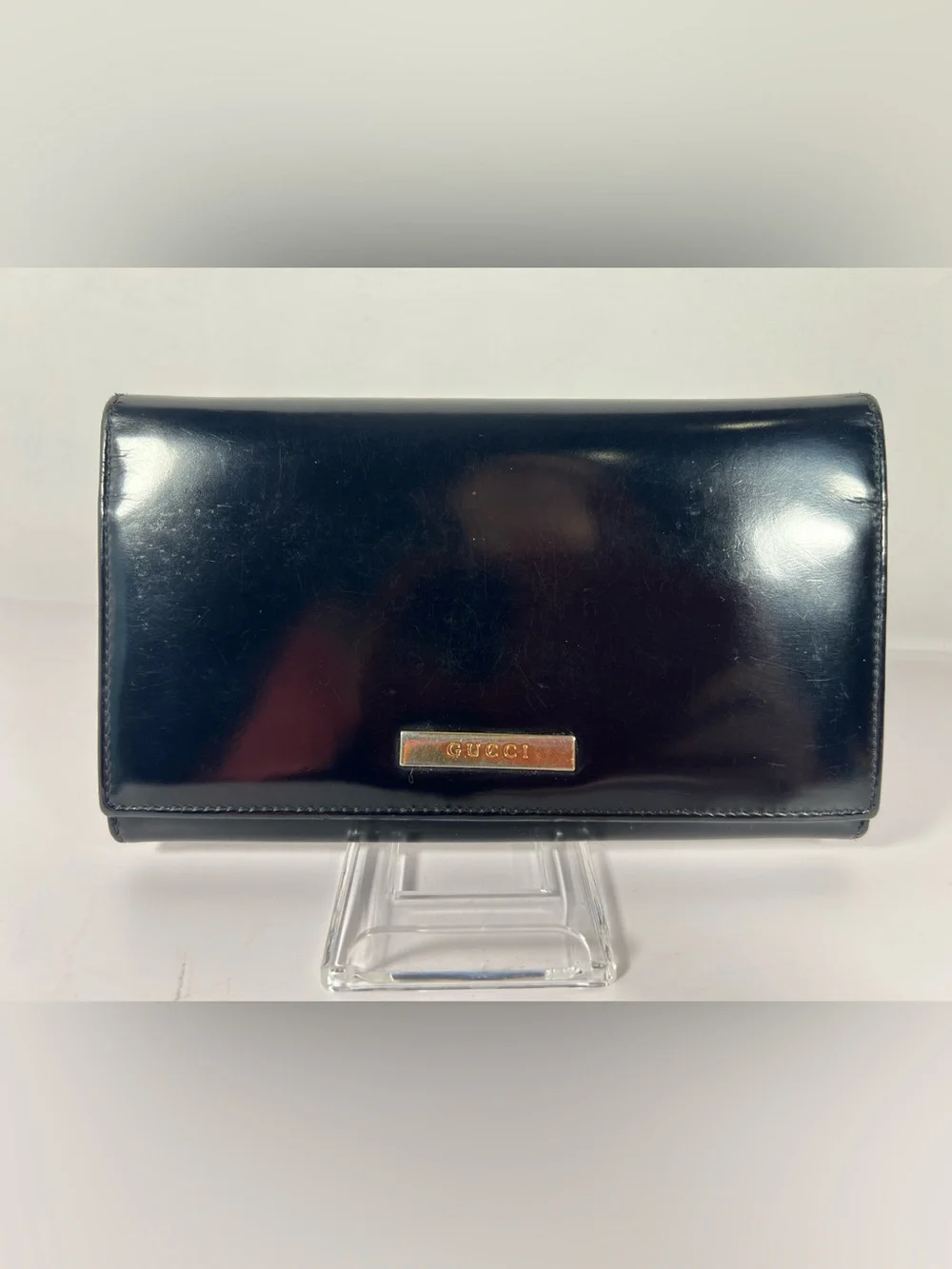 1260: Gucci Vintage Black Leather Long Bifold Wallet Italy